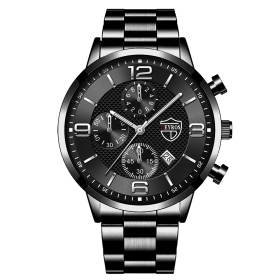 Luxury Mens Stainless Steel Watches Fashion Men Business Leather Quartz Watch Man Calendar Date Luminous Clock relogio masculino (Color: Steel Black Silver)