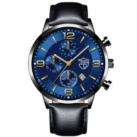 Luxury Mens Stainless Steel Watches Fashion Men Business Leather Quartz Watch Man Calendar Date Luminous Clock relogio masculino (Color: Leather Black Blue)