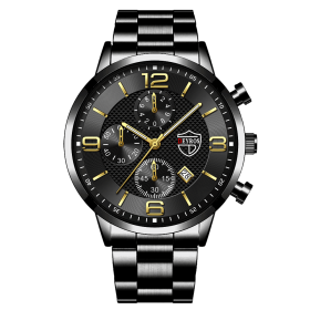 Luxury Mens Stainless Steel Watches Fashion Men Business Leather Quartz Watch Man Calendar Date Luminous Clock relogio masculino (Color: Steel Black Gold)