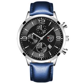 Luxury Mens Stainless Steel Watches Fashion Men Business Leather Quartz Watch Man Calendar Date Luminous Clock relogio masculino (Color: Leather Blue Black)