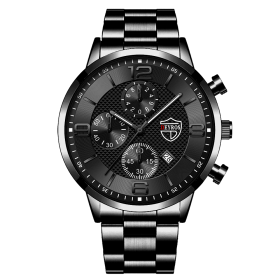 Luxury Mens Stainless Steel Watches Fashion Men Business Leather Quartz Watch Man Calendar Date Luminous Clock relogio masculino (Color: Steel Black Black)