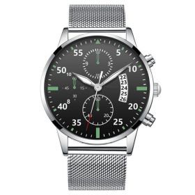 Luminous Calendar Dial Three Eyes And Six Needles Calendar Watch Men (Color: Silver Streak Black Band)