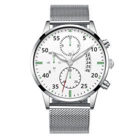 Luminous Calendar Dial Three Eyes And Six Needles Calendar Watch Men (Color: Silver Streak White Plate)