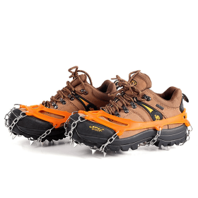 1 pair Outdoor ice claw anti slip shoe cover hiking shoe nail chain stainless steel anti slip snow climbing anti fall shoe nail chain (Color: orange, size: 19 teeth-M)